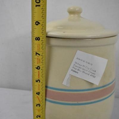Vintage McCoy Crock Canister w/Lid, Cream Pink Blue Striped, #133 Pottery