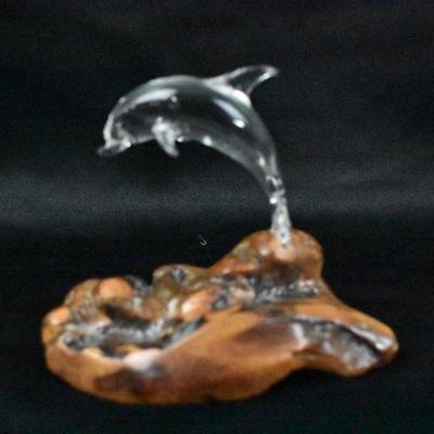 Small Glass Dolphin Figurine with Wooden Base