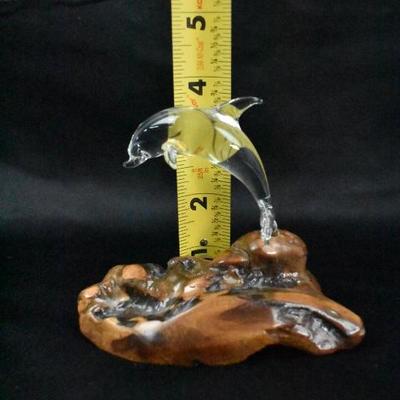 Small Glass Dolphin Figurine with Wooden Base