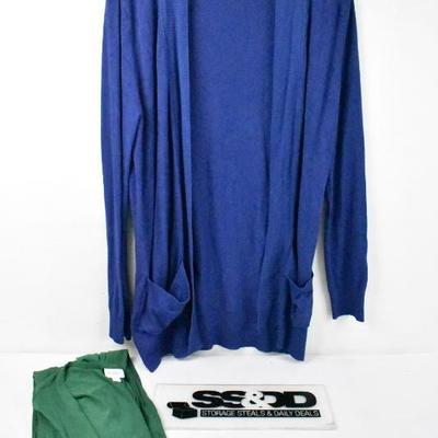 Blue Cardigan (Staccato) & Green Duster Vest (LuLaRoe Joy) - Women's Size Large