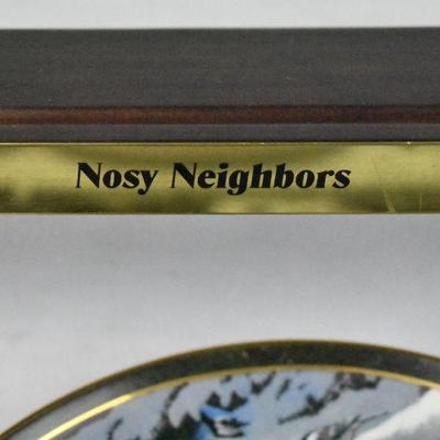 Nosy Neighbors 10 Plate Collection & Hanging Plate Stand, 1 Plate Broken & Glued