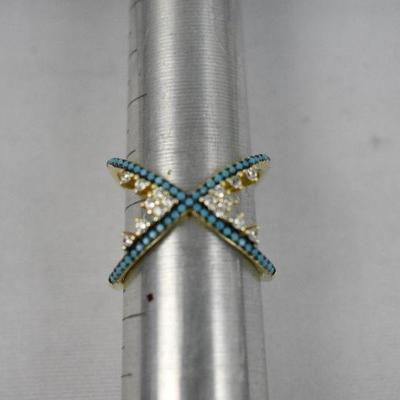 Gold Filled X Ring, Looks like 2 Rings Crossed. Blue & Clear Stones, Size 7.5/8
