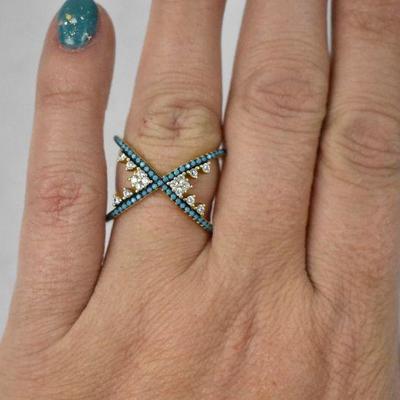 Gold Filled X Ring, Looks like 2 Rings Crossed. Blue & Clear Stones, Size 7.5/8