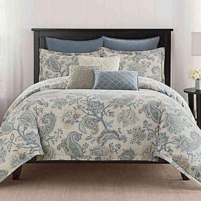 King Sonnet 3 PC Bed Set, 1 Comforter/2 Shams, Tan/Light Blue - New