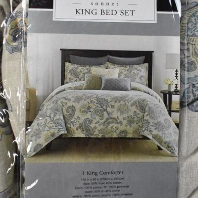 King Sonnet 3 PC Bed Set, 1 Comforter/2 Shams, Tan/Light Blue - New