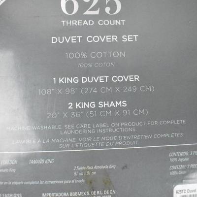 King Duvet Cover & 2 Shams, 625 Thread Count, Solid White, Pkg Open - New