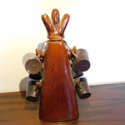 Vintage Ceramic 'Fire Water' Decanter with Six Plastic Shot Cups