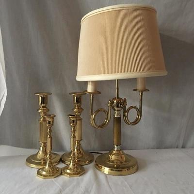 Lot 51 - Brass Lamp & Candlesticks 