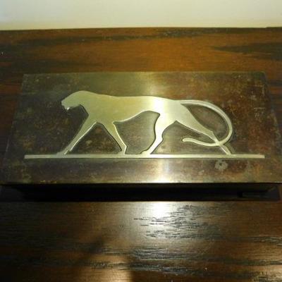 Unique Brass Wood Lined Box with Prowling Cougar Embossed On Front 8