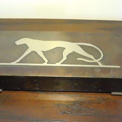 Unique Brass Wood Lined Box with Prowling Cougar Embossed On Front 8