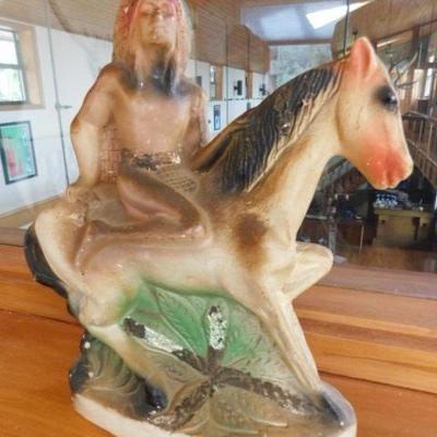 Mid Century Chalkware Brave on Horse Statuette 9