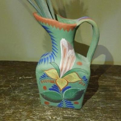 Hand Painted Clay Pottery Mexican Handled Water Urn Vase 9