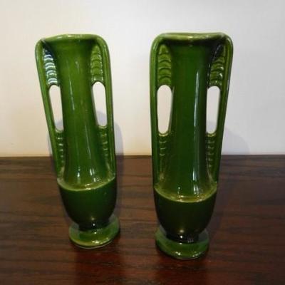 Vintage Set Shawnee Pottery Art Deco Green MCM Bud Vases 8