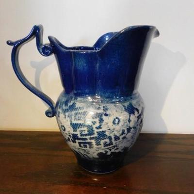 Artist Signed Blue Glaze Pottery Water Pitcher 9