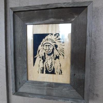 Wood Laser Cut Portrait of Aged Native American Framed 17