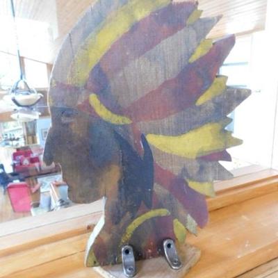 Wood Cut Out Hand Painted Double Sided Native American Head in Profile 12