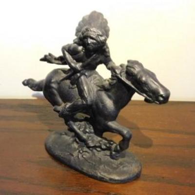 Vintage Cast Iron Native American Warrior on Mustang at Full Gallop 5