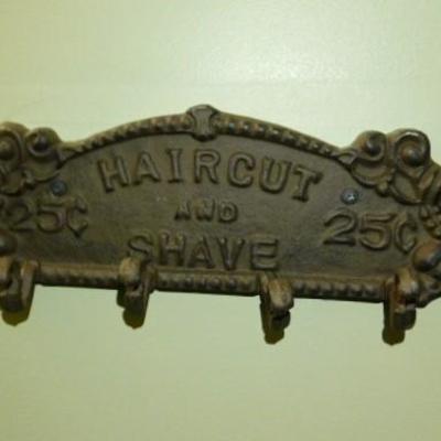 Cast Iron Haircut and Shave Advertising Hat Rack Reproduction Plaque 13'x5