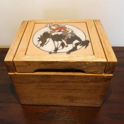 Oak Wood Trinket Box with Bronco Cowboy Ceramic Tile Inlay 6