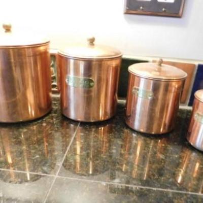 Mid Century Copper Tin Round Canister Set with Matching Bread Box (Unmarked)