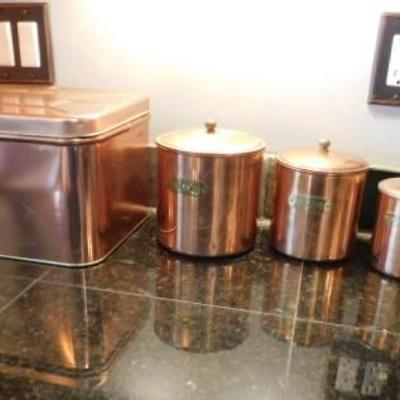 Mid Century Copper Tin Round Canister Set with Matching Bread Box (Unmarked)