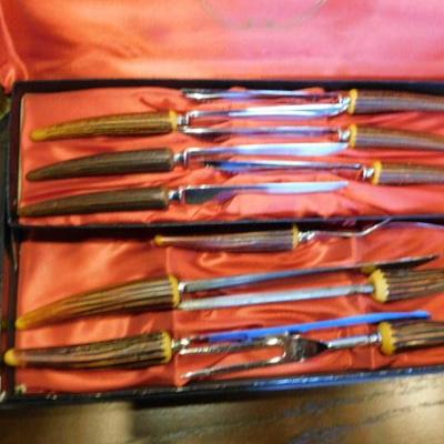 Vintage Sheffield, England Full Cutlery Set Antler Handle Six Knives and Carving Tools