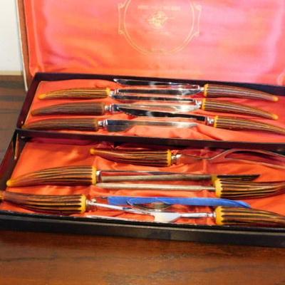 Vintage Sheffield, England Full Cutlery Set Antler Handle Six Knives and Carving Tools