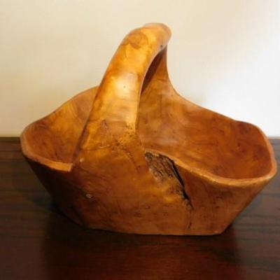 Folk Art Hand Carved Wood Root Basket Marked CON on Bottom 12