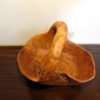 Folk Art Hand Carved Wood Root Basket Marked CON on Bottom 12