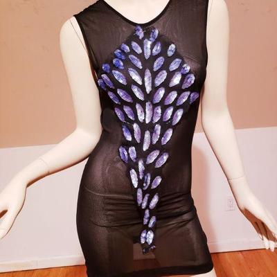 Layering mesh black/Lavender sequins body con dress