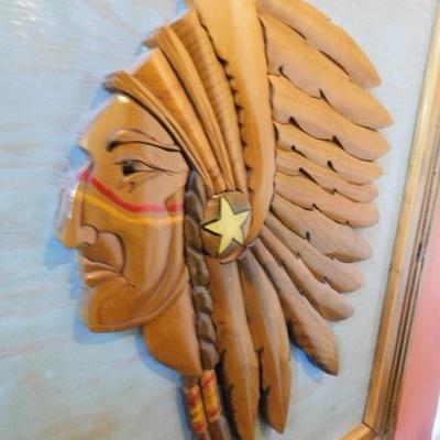 Wood Cut Out Profile of Native American Framed Hand Painted 26