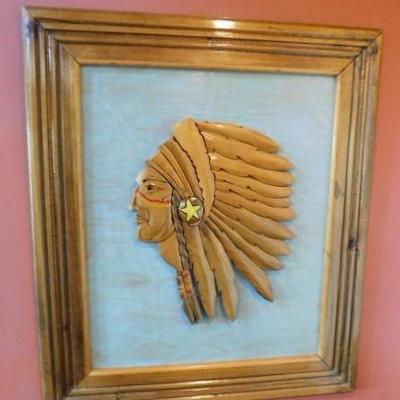 Wood Cut Out Profile of Native American Framed Hand Painted 26
