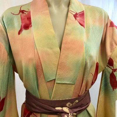 Japanese 1940 Hand Painted Rose silk Kimono with sash 