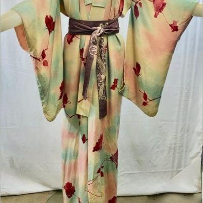 Japanese 1940 Hand Painted Rose silk Kimono with sash 