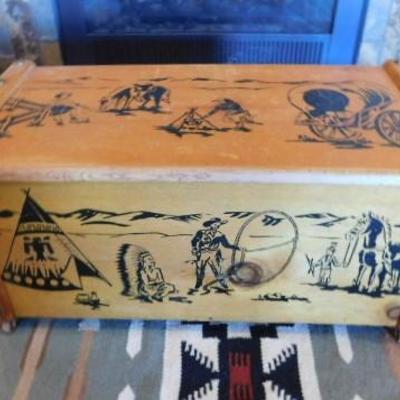 Mid Century Solid Maple Wood Painted Toy Box Cowboys and Indians (SIC) 30