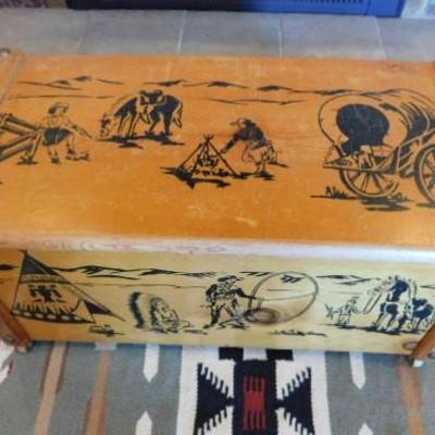 Mid Century Solid Maple Wood Painted Toy Box Cowboys and Indians (SIC) 30