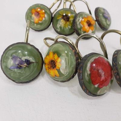 10 Shower Curtain Hooks - Resin with Flowers inside