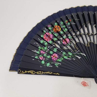 Painted and Cut Out Wood Fan - Blue Floral Design