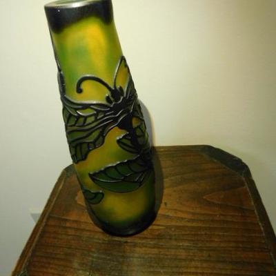 Emile Galle Style Cameo Glass Vase 3 Color Dragon Fly 8