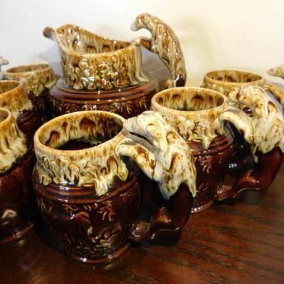 Harker Rockingham Reproduction 1840 Stag Deer with Hunting Dogs Pitcher & 6 Mugs 