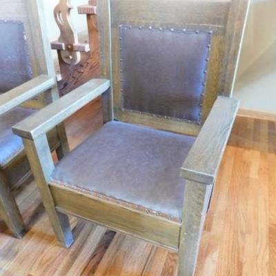 1st Choice of 2:  Vintage Tiger Oak Masonic Lodge Chairs with Leather Upholstry and Tacks