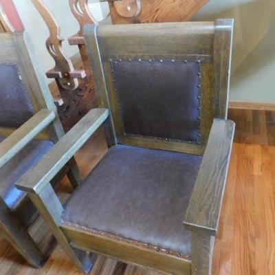 2nd Choice of 2:  Vintage Tiger Oak Masonic Lodge Chairs with Leather Upholstry and Tacks