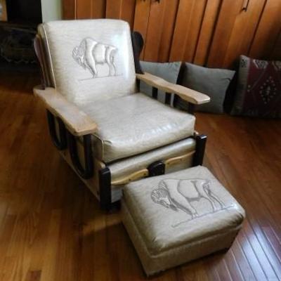 Western Style Rocker  and Ottoman Buffalo Embossed Leather and Wood