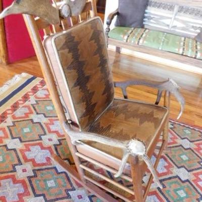Vintage Rail Back Antler Rocking Chair with Cushions