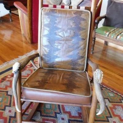 Vintage Rail Back Antler Rocking Chair with Cushions