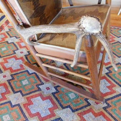 Vintage Rail Back Antler Rocking Chair with Cushions