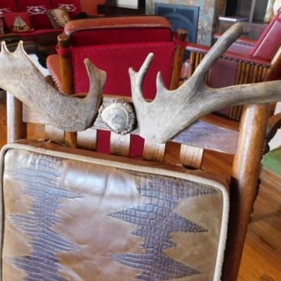 Vintage Rail Back Antler Rocking Chair with Cushions
