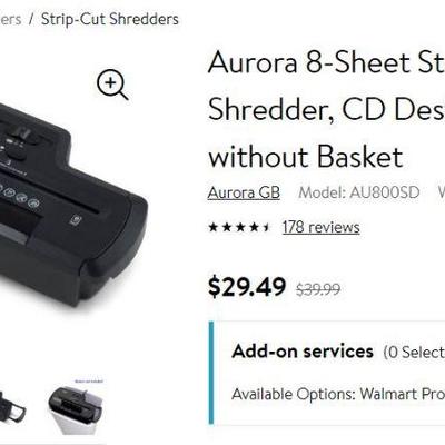 Aurora 8-Sheet Strip-Cut Paper Shredder - New, Open Box, Sale Walmart @$30