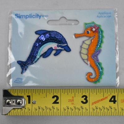 Simplicity Iron On Decals: Hedgehog, Sloth, 2 Dolphins, 2 Seahorse - New