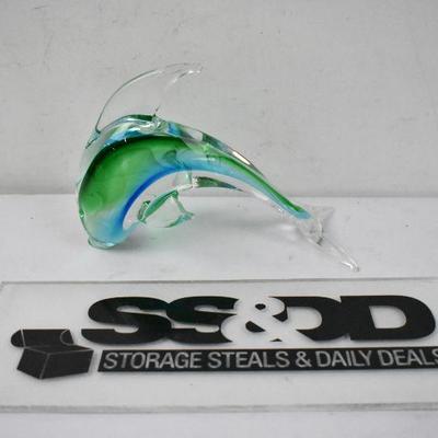 Glass (Crystal?) Dolphin Figurine. Blue & Green. Tiny Chip On Nose . Vintage